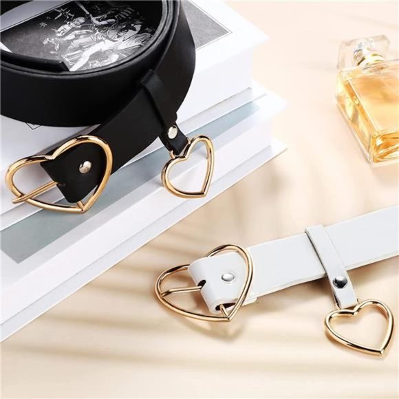 Heart-Shaped Belt 2 Pieces PU Leather Belt Metal Buckle Belt Soft Black Alt Belt main image 5